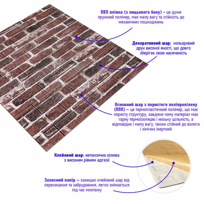 Декоративная 3D панель самоклейка под кирпич красный Екатеринославский 700x770x5мм (043) SW-00000031
