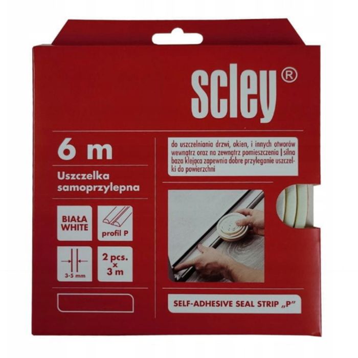 Уплотнитель самоклеящийся Scley для окон и дверей, профиль P, белый, 2 x 3 м