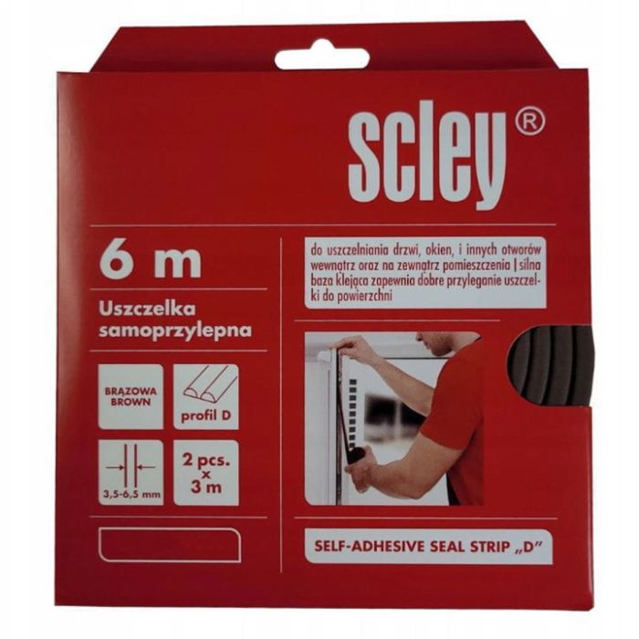 Уплотнитель самоклеящийся Scley для окон и дверей, профиль D, коричневый, 2 x 3 м