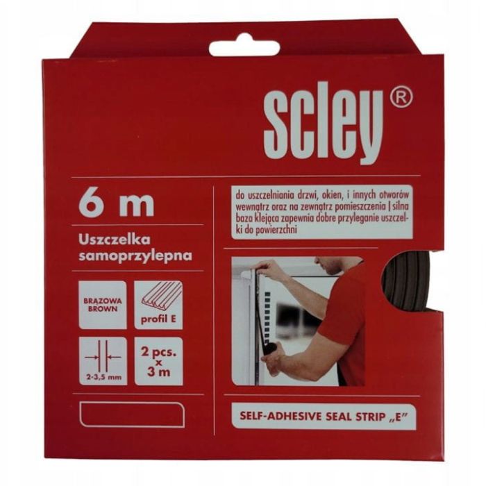 Уплотнитель самоклеящийся Scley для окон и дверей, профиль E, коричневый, 2 x 3 м