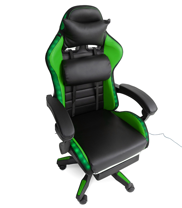 Геймерское кресло с RGB подсветкой, подушками и выдвижной подставкой для ног, Черный/Зеленый (G898)