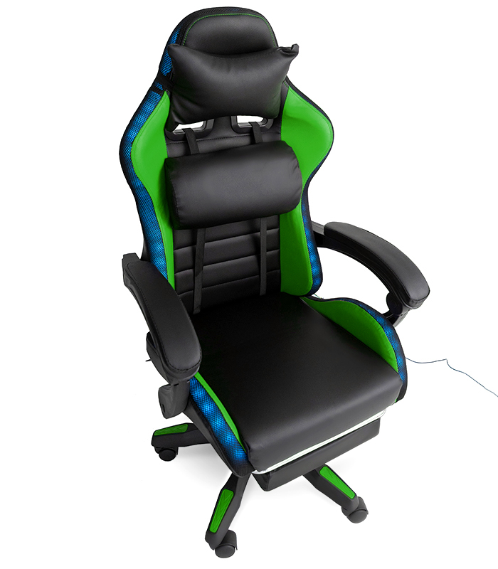 Геймерское кресло с RGB подсветкой, подушками и выдвижной подставкой для ног, Черный/Зеленый (G898)