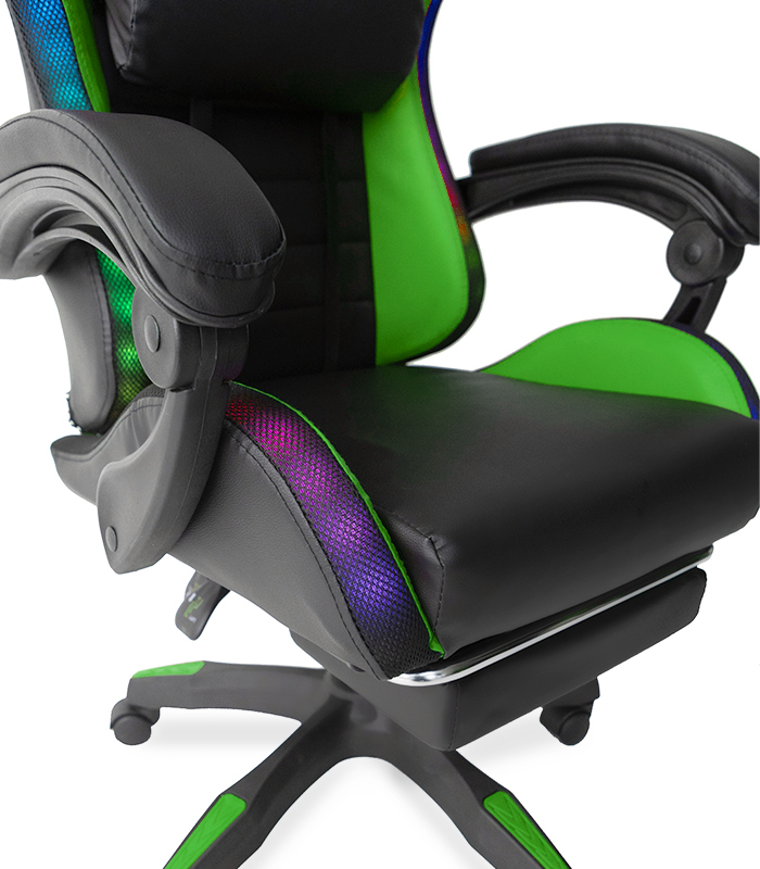 Геймерское кресло с RGB подсветкой, подушками и выдвижной подставкой для ног, Черный/Зеленый (G898)