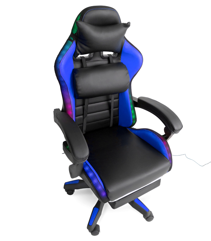 Геймерское кресло с RGB подсветкой, подушками и выдвижной подставкой для ног, Черный/Синий (G897)