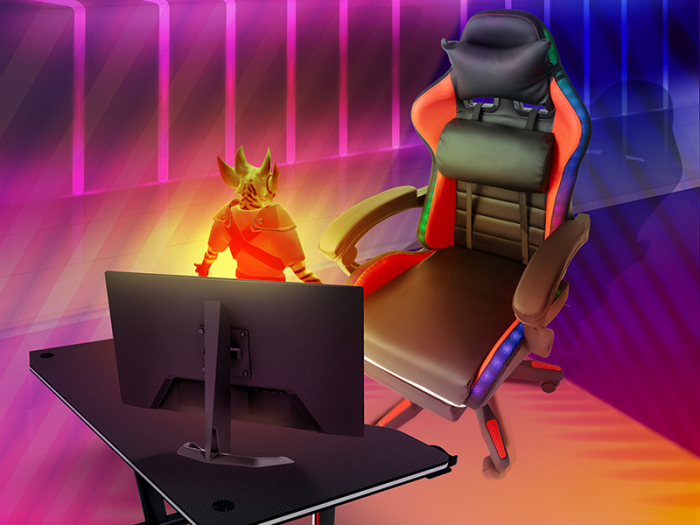 Геймерское кресло с RGB подсветкой, подушками и выдвижной подставкой для ног, Черный/Красный (G896)