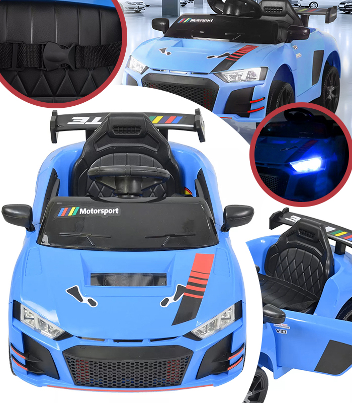 Дитячий електромобіль Cabrio 6V 5A (спойлер, пульт, LED-фари, звук, двері, педаль газу, що відкриваються), Синій