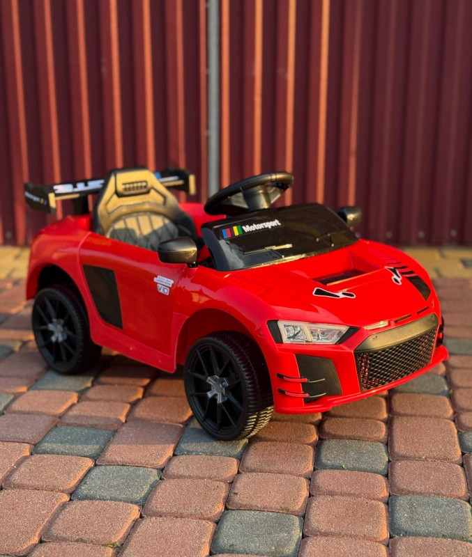 Детский электромобиль Cabrio 6V 5A (спойлер, пульт, LED-фары, звук, открывающиеся двери, педаль газа), Красный